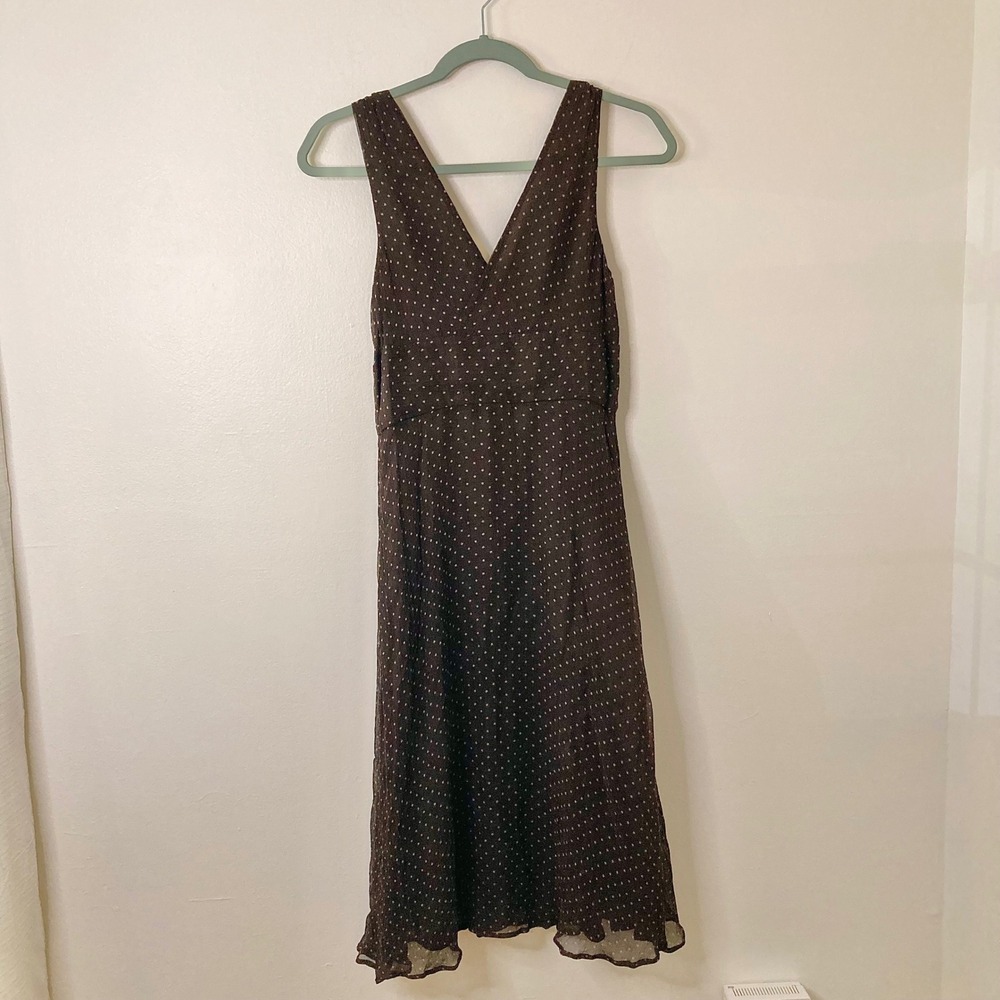 2007 J.Crew 100% Silk Chiffon Sophia Brown Polka Dot V-Neck Midi Dress Y2K 4